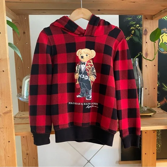 Polo Ralph Lauren Polo Bear Fleece Red Black Check Hoodie Sweatshirt - Picture 3 of 11